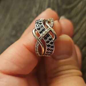 Sterling silver ring with black stones and cz diamonds